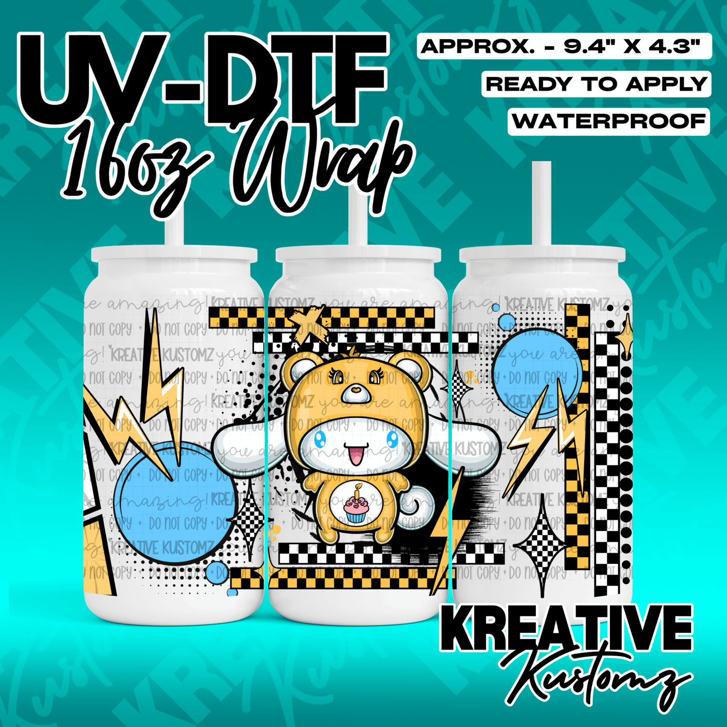 A UV DTF adhesive wrap for 16oz glass cans featuring a yellow bear character and checkered patterns.