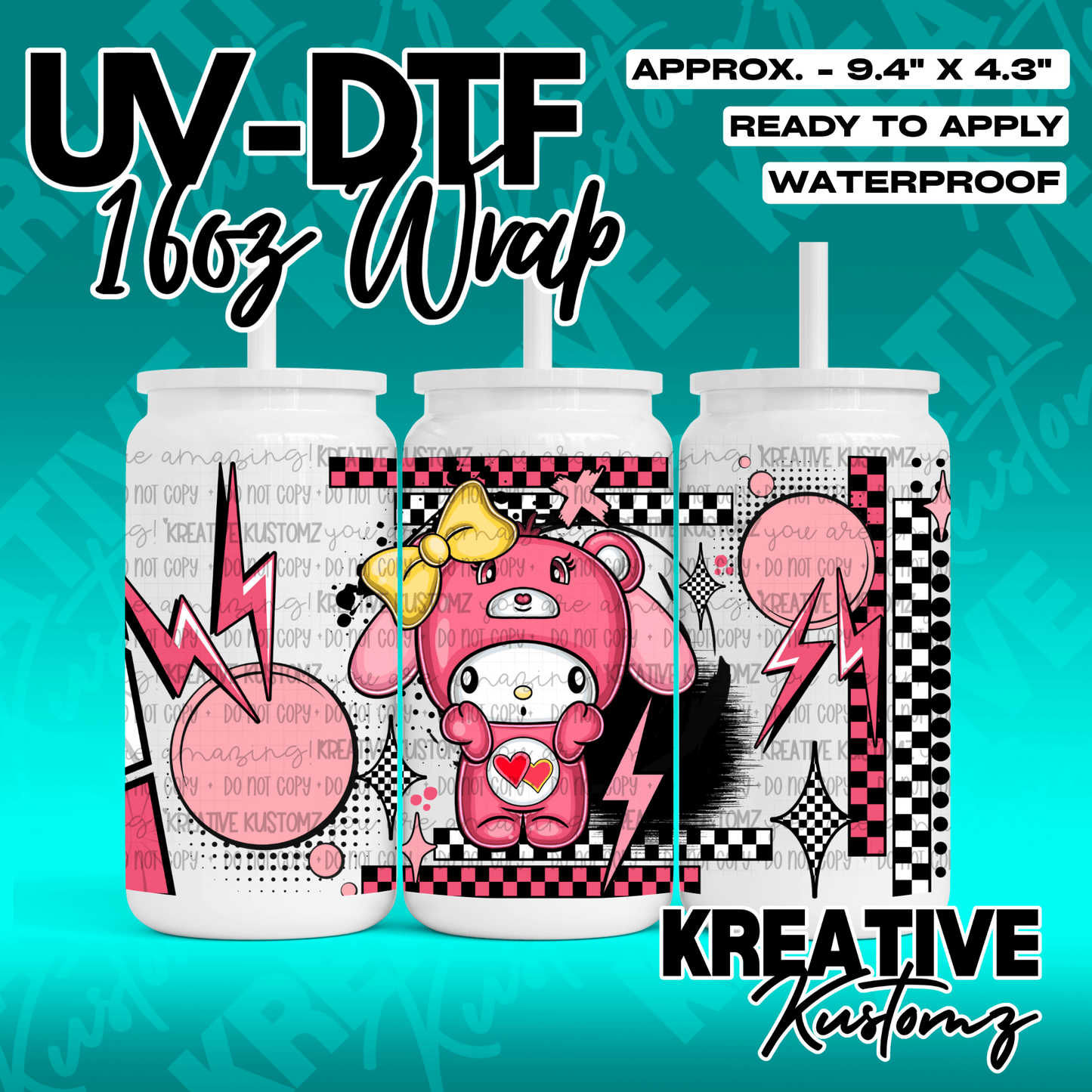 A Sanrio inspired UV DTF cup wrap featuring a pink character design for 16oz glass cans.