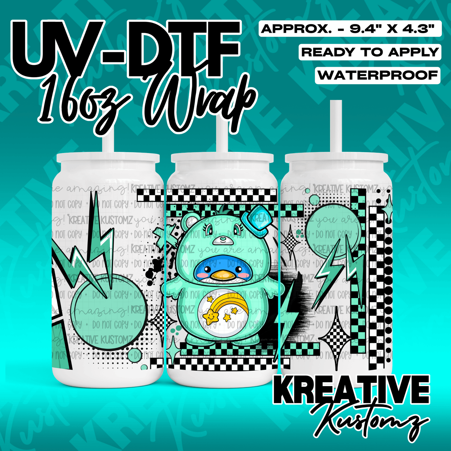 A teal and black checkered UV DTF cup wrap featuring a cartoon character in a bear costume.