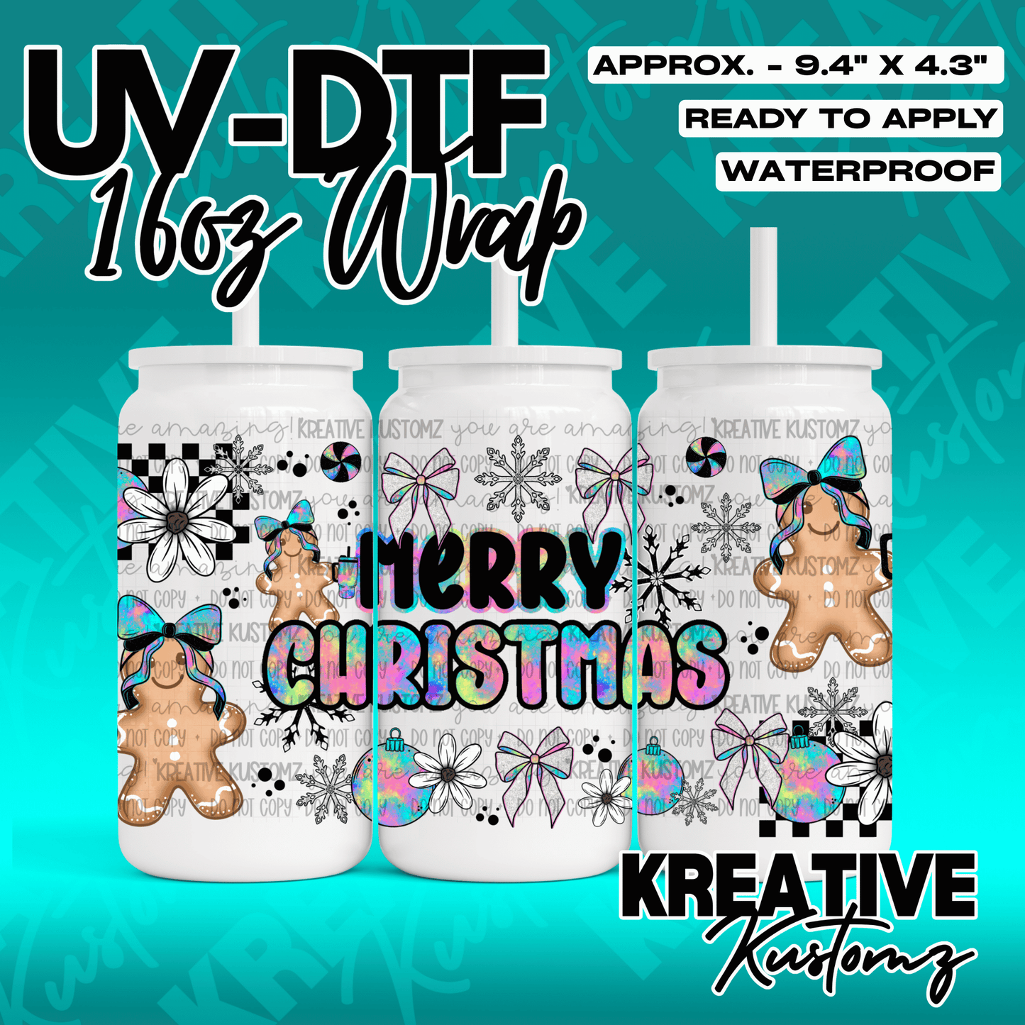A festive Christmas UV DTF wrap for a 16oz glass can featuring gingerbread men and ornaments.