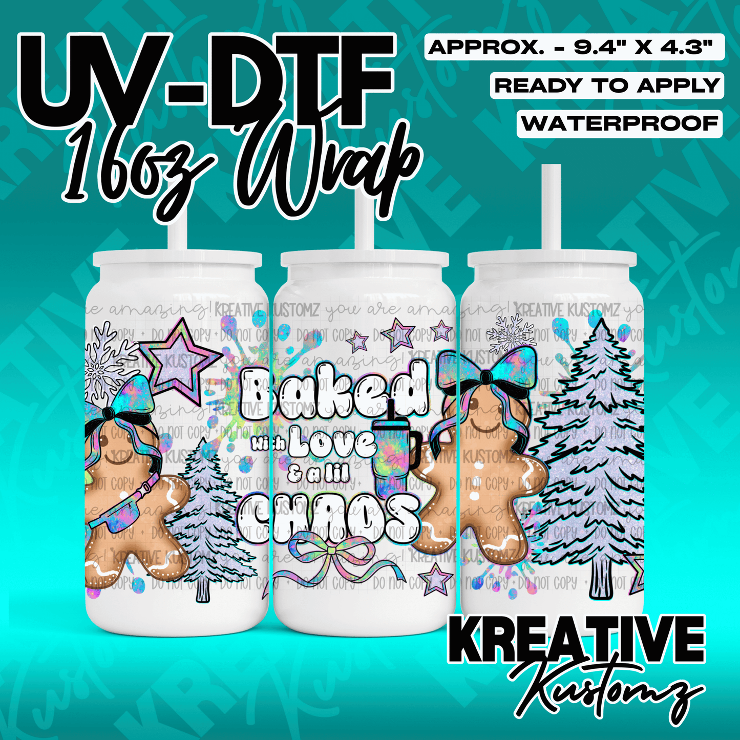 A festive UV DTF wrap for a 16oz glass can featuring gingerbread men and Christmas tree designs.
