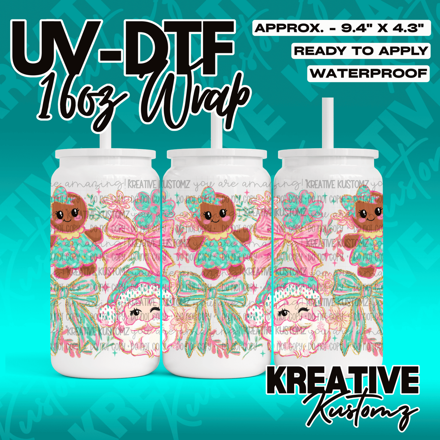 A festive Christmas-themed UV DTF wrap for a 16oz glass can featuring gingerbread and Santa designs.