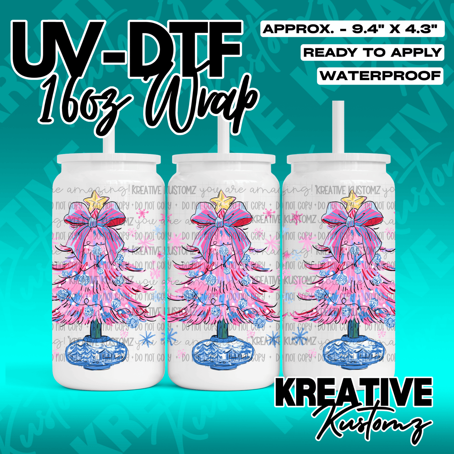 A UV DTF decal for a 16oz glass can featuring a pink Christmas tree with a blue base.