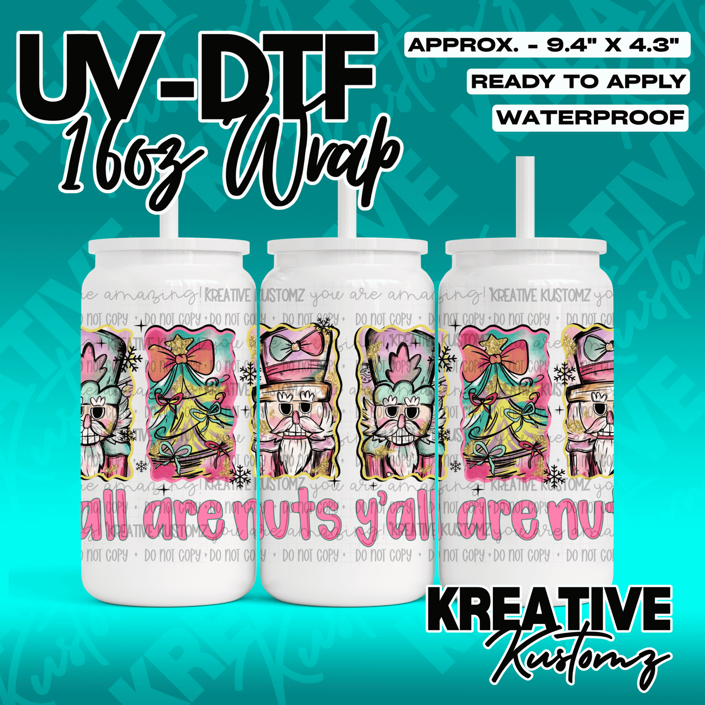 A Christmas themed UV DTF wrap for a 16oz glass can featuring nutcracker and tree illustrations.
