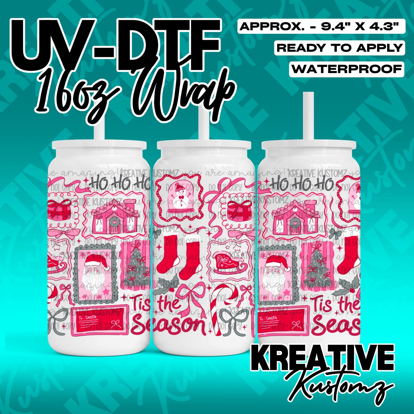 A Christmas-themed UV DTF adhesive wrap for a 16oz glass can featuring festive holiday icons.