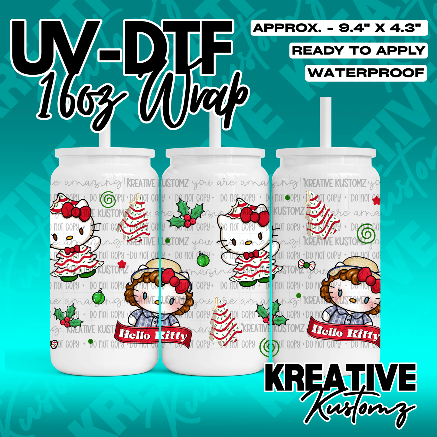 A festive Christmas-themed UV DTF wrap for a 16oz glass can featuring Hello Kitty designs.
