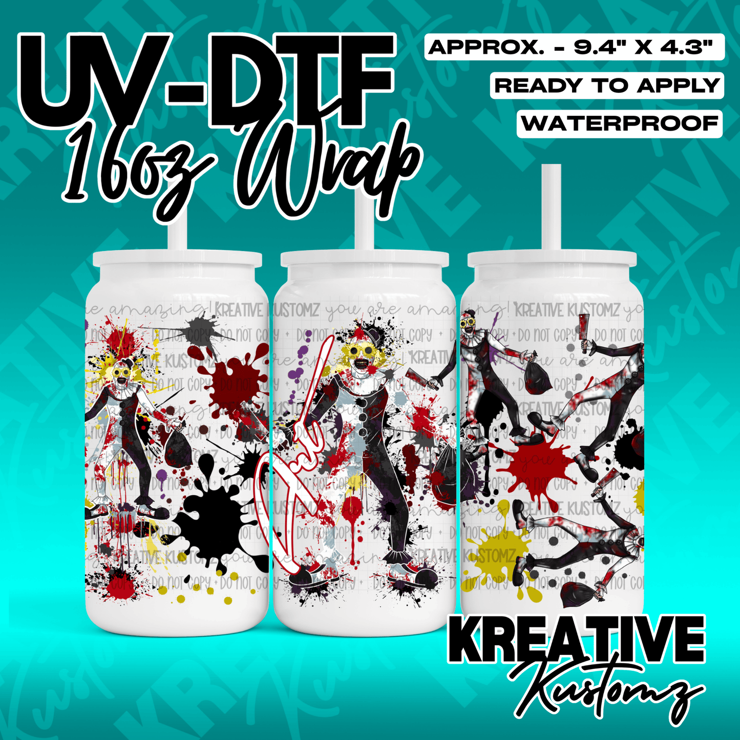A horror-themed clown UV DTF adhesive wrap for a 16-ounce glass can.