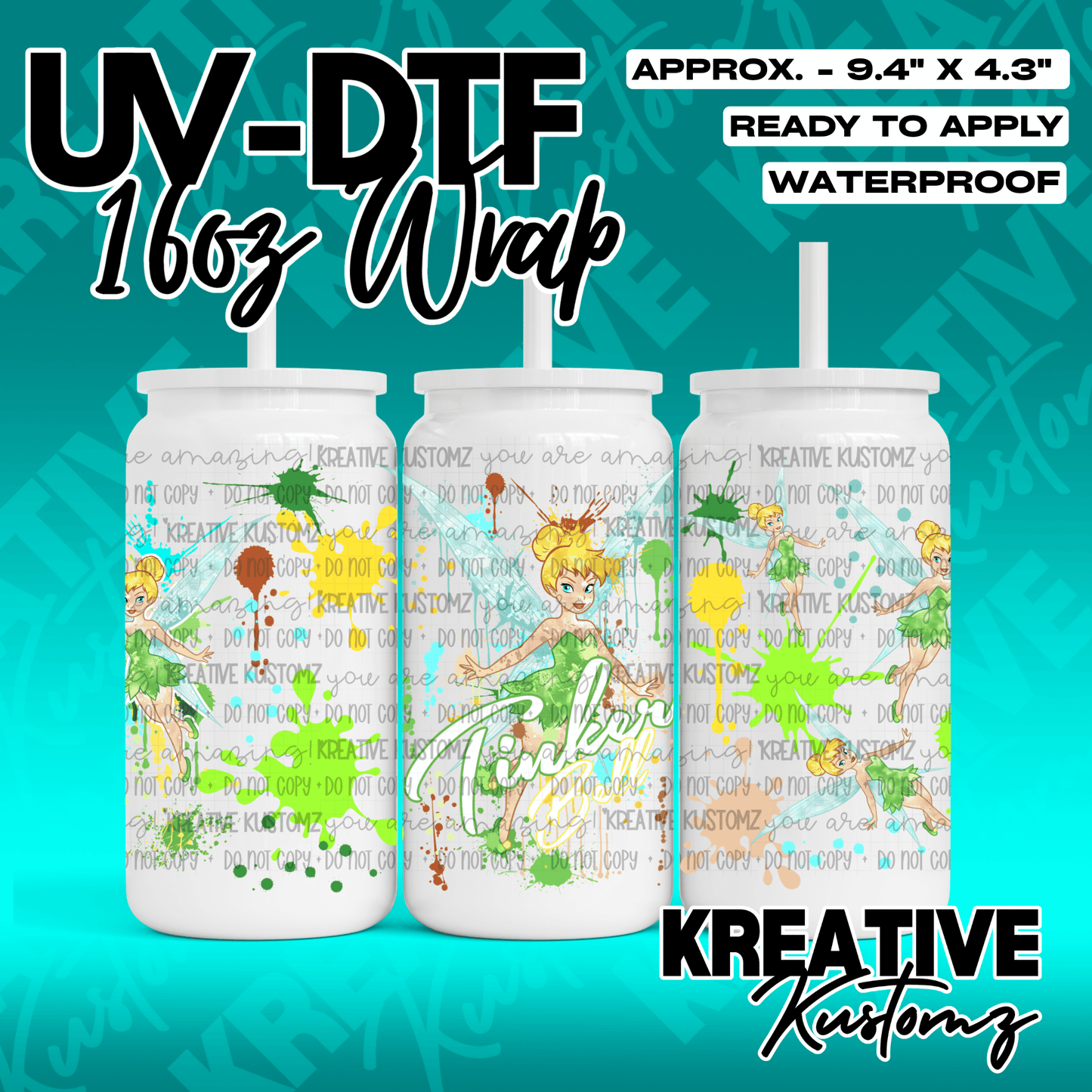 A Tinker Bell themed UV DTF adhesive wrap for 16oz glass cans with colorful paint splatters.