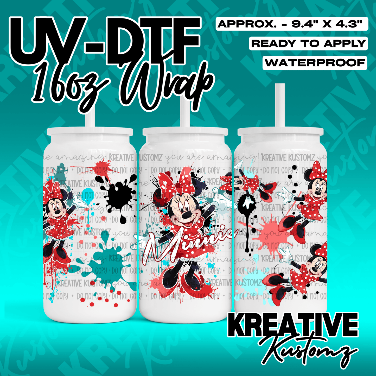 A Minnie Mouse themed UV DTF adhesive wrap for a 16oz glass can featuring red and black paint splats.
