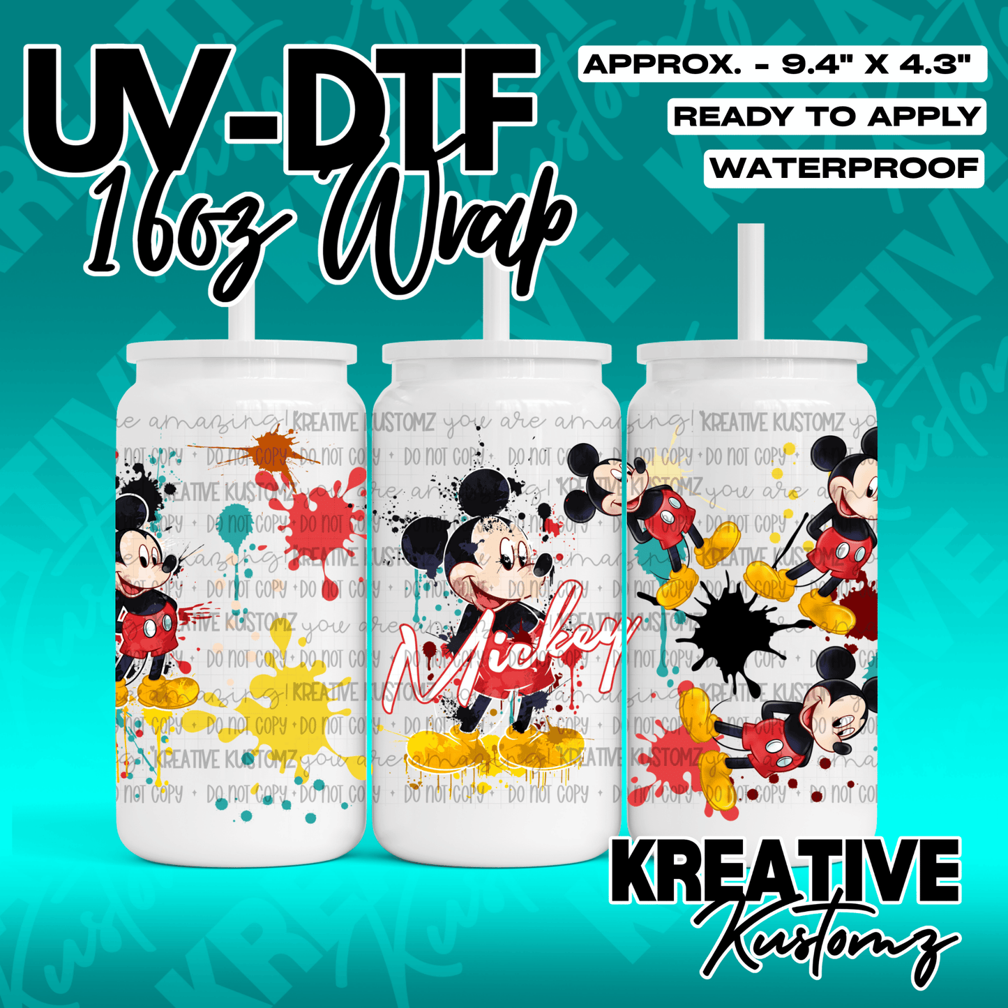 A Mickey Mouse themed UV DTF adhesive wrap for 16oz glass cans with colorful paint splatters.
