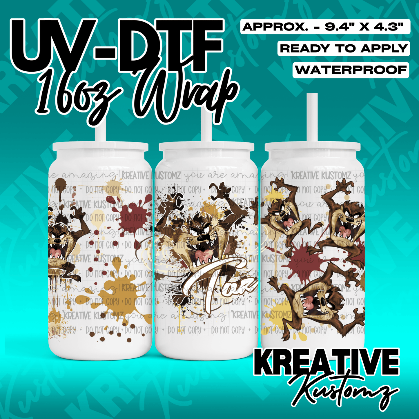A Taz cartoon character adhesive wrap for a 16oz glass can with paint splatter designs.
