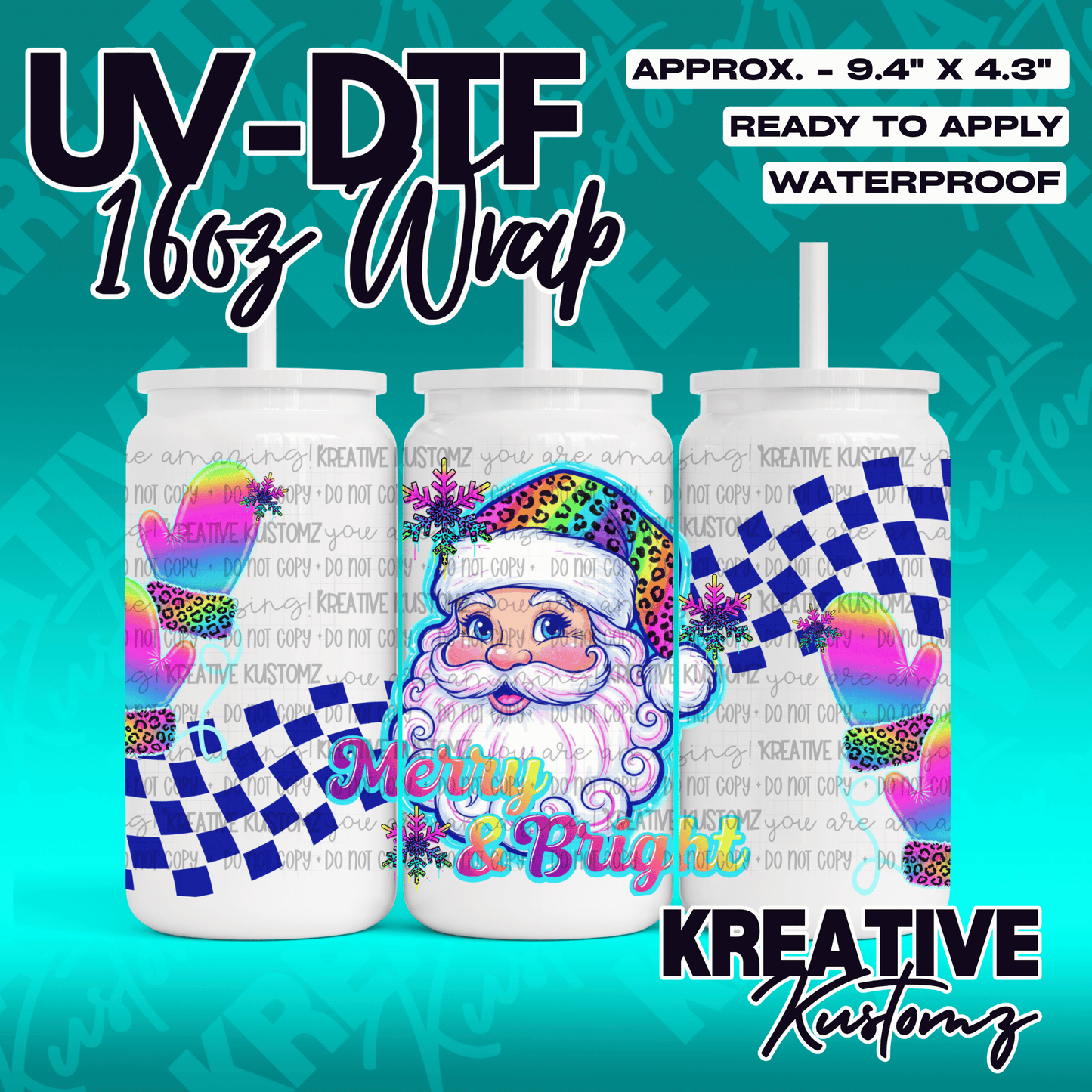 A Christmas-themed UV DTF wrap for a 16oz glass can featuring Santa, snowflakes, and patterns.