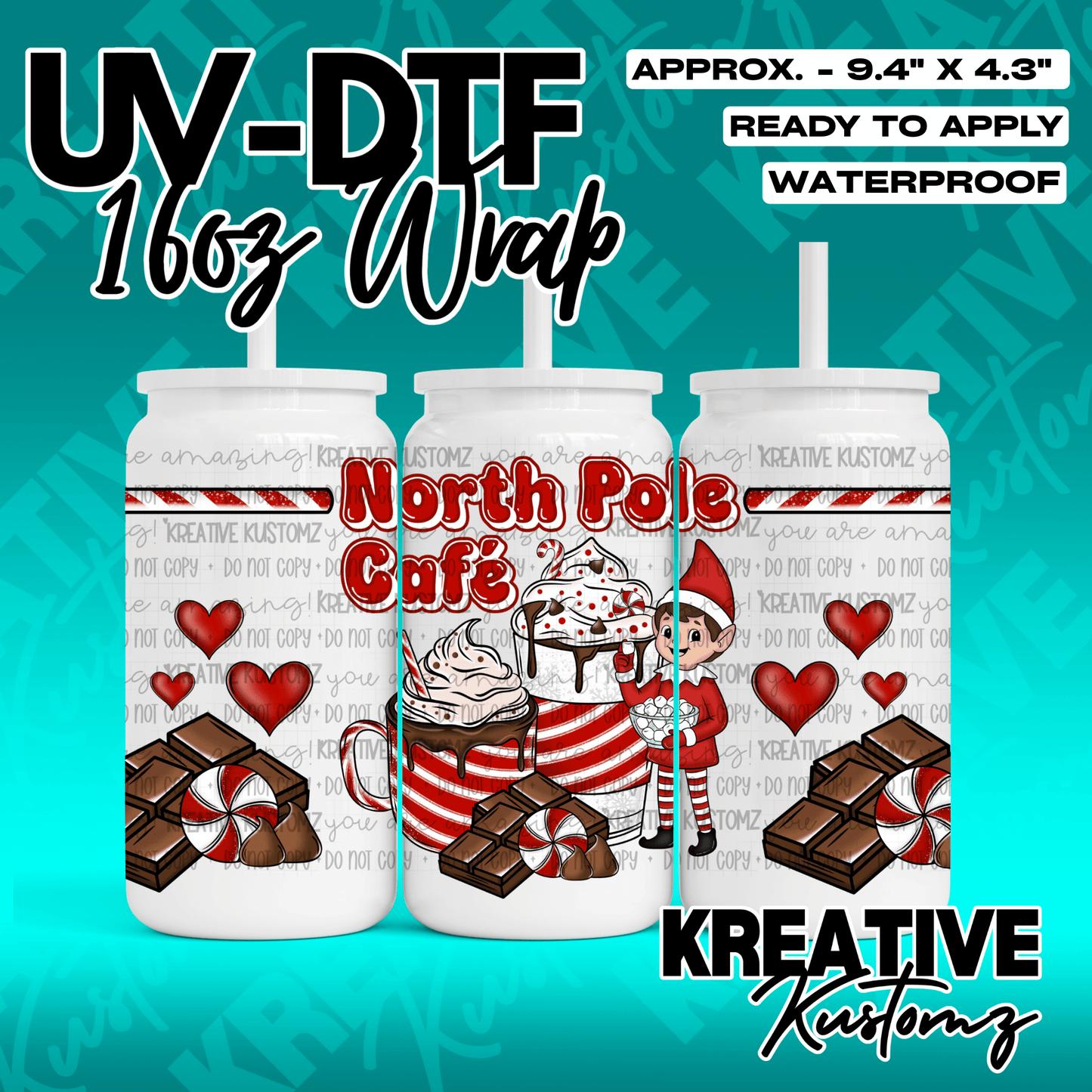 A Christmas themed UV DTF wrap for a 16oz glass can featuring a North Pole Cafe design.