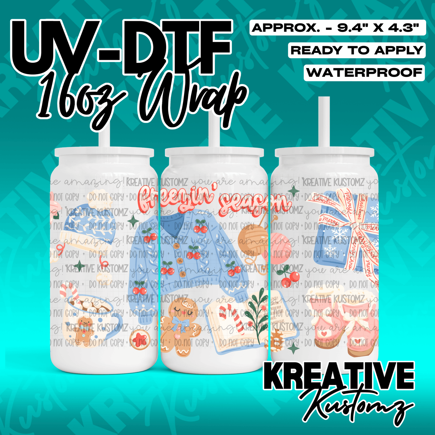 A festive Christmas themed UV DTF adhesive wrap for a 16oz glass can.