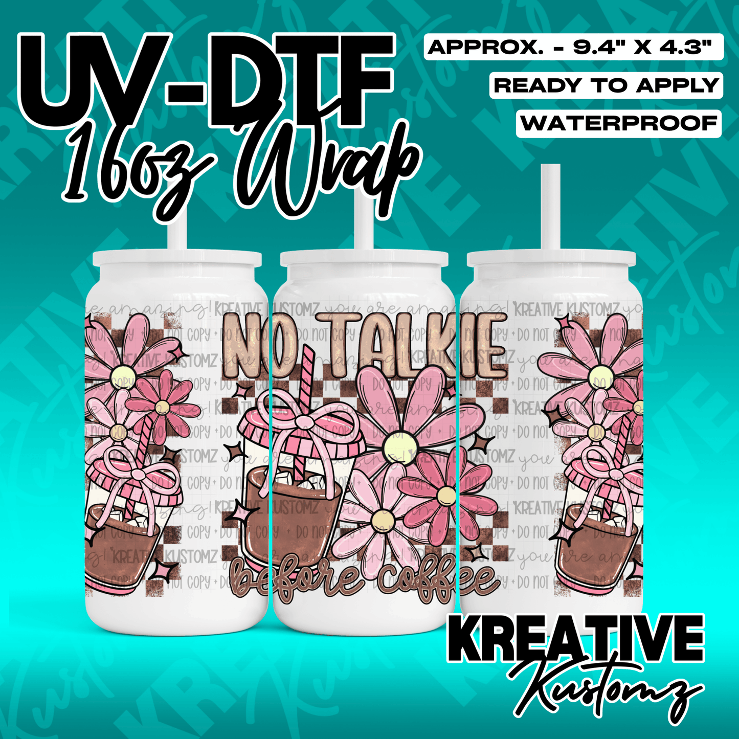A UV DTF adhesive wrap for 16oz glass cans featuring pink flowers and coffee cup illustrations.