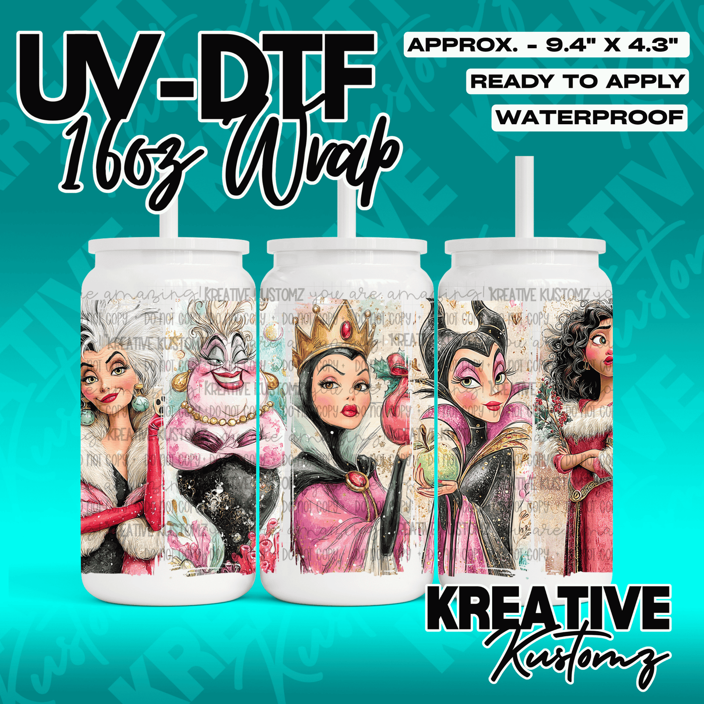 A UV DTF adhesive cup wrap featuring illustrations of five Disney villains.
