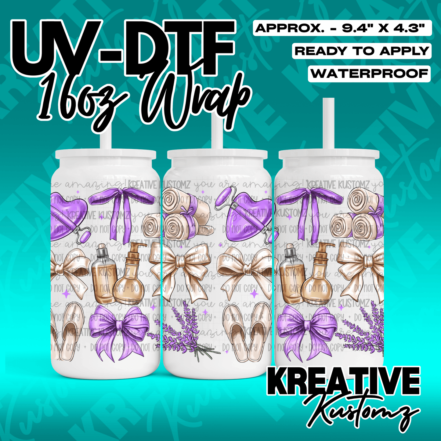 A UV DTF adhesive wrap for 16oz glass cans featuring a spa-themed pattern with bows and bottles.