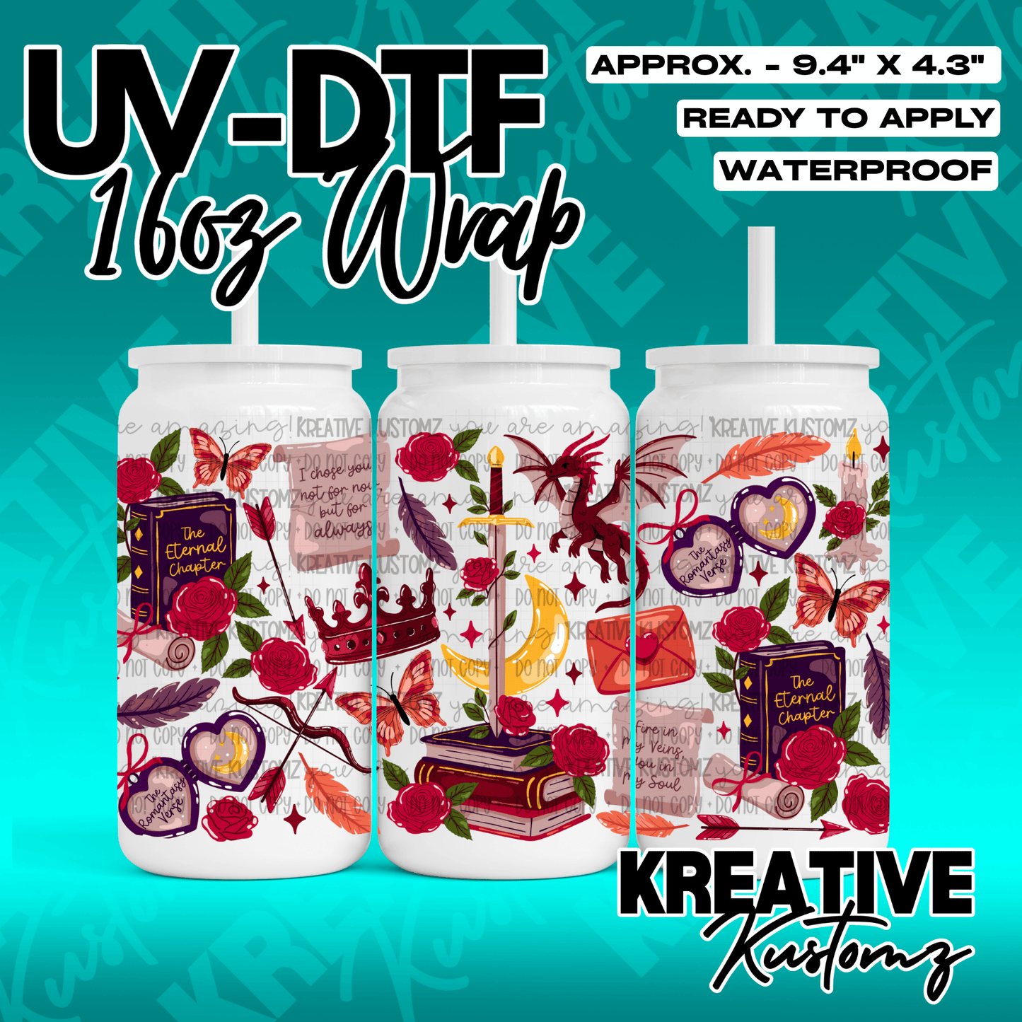 A fantasy-themed UV DTF cup wrap featuring books, roses, a sword, and a dragon.