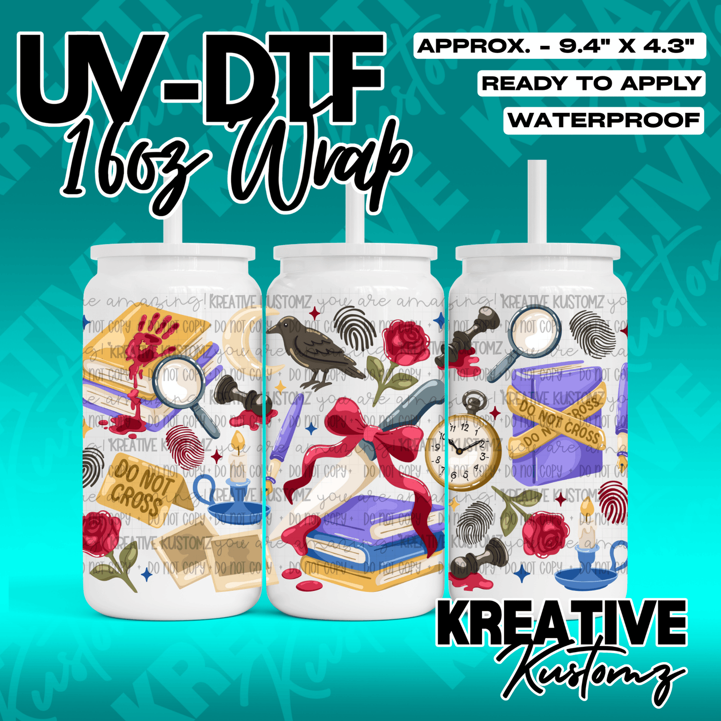 A crime scene themed UV DTF adhesive wrap for a 16oz glass can featuring mystery icons.