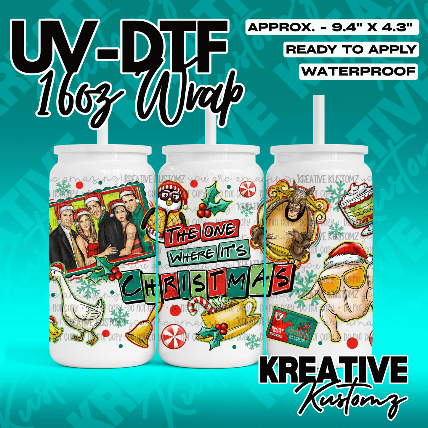 A festive Christmas-themed UV DTF wrap for a 16oz glass can featuring Friends-inspired imagery.