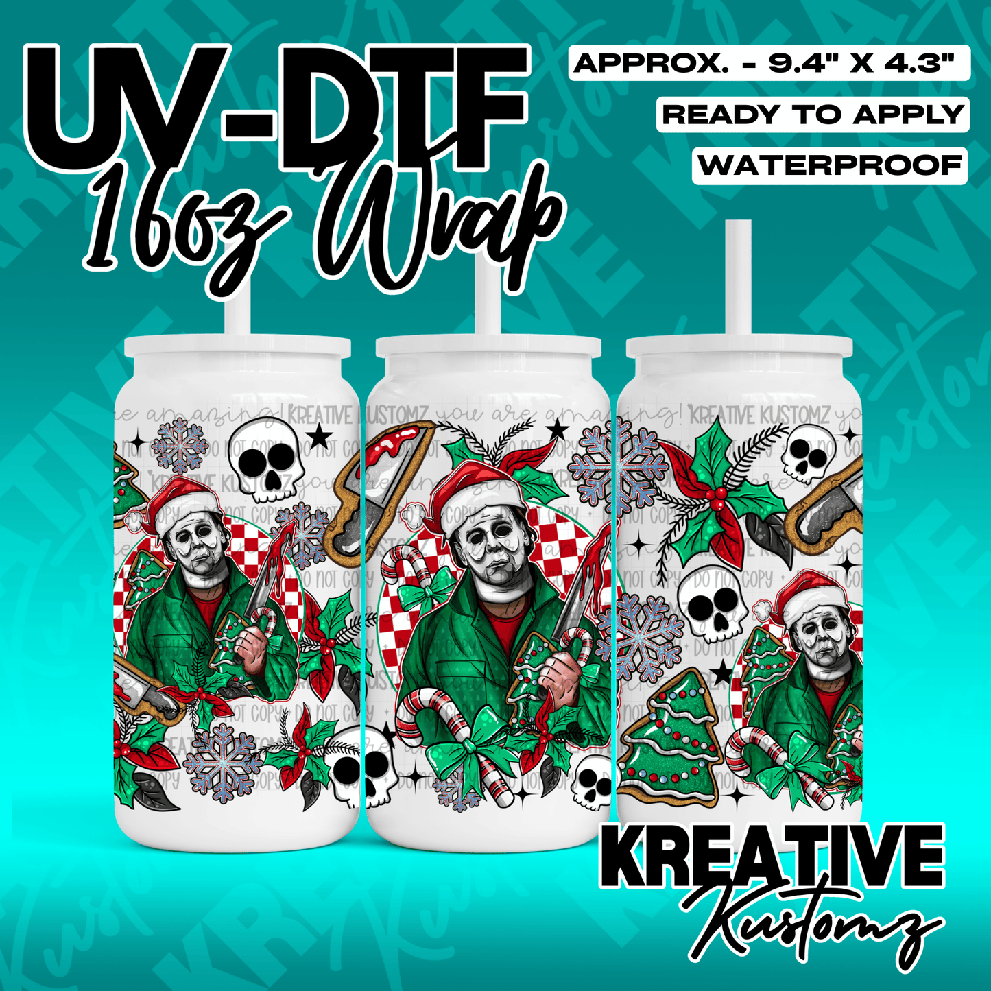 A Christmas-themed UV DTF wrap for a 16oz glass can featuring Michael Myers and holiday motifs.