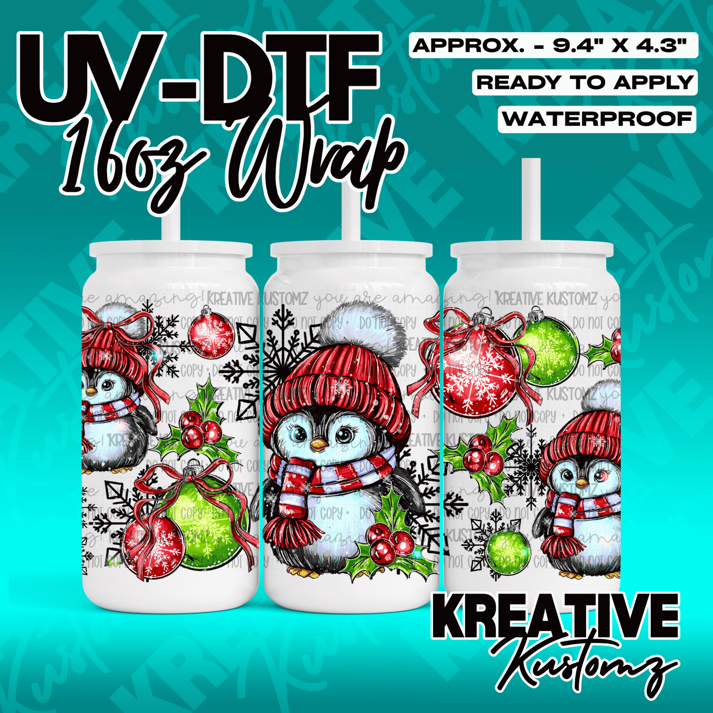 A festive Christmas-themed UV DTF wrap for a 16oz glass can featuring penguins and ornaments.