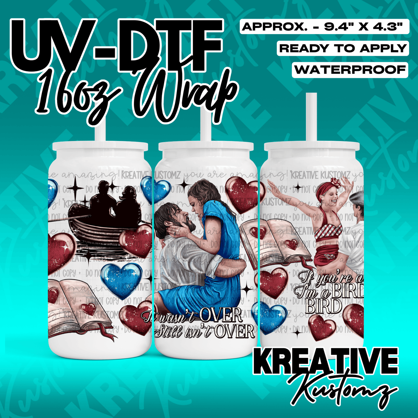 A UV DTF adhesive wrap for 16oz glass cans featuring scenes and quotes from The Notebook.