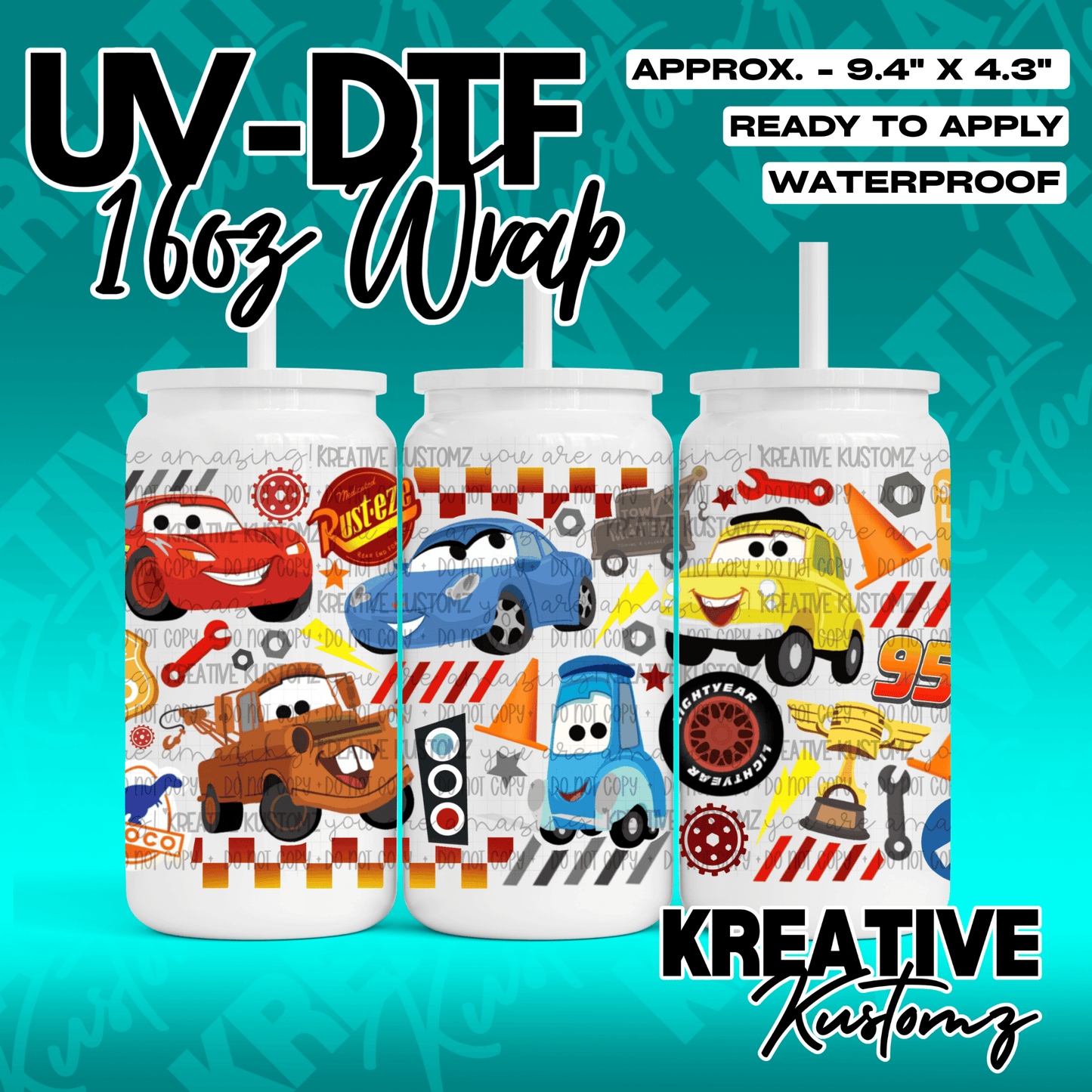A UV DTF decal wrap for 16oz glass cans featuring a colorful cartoon car theme.