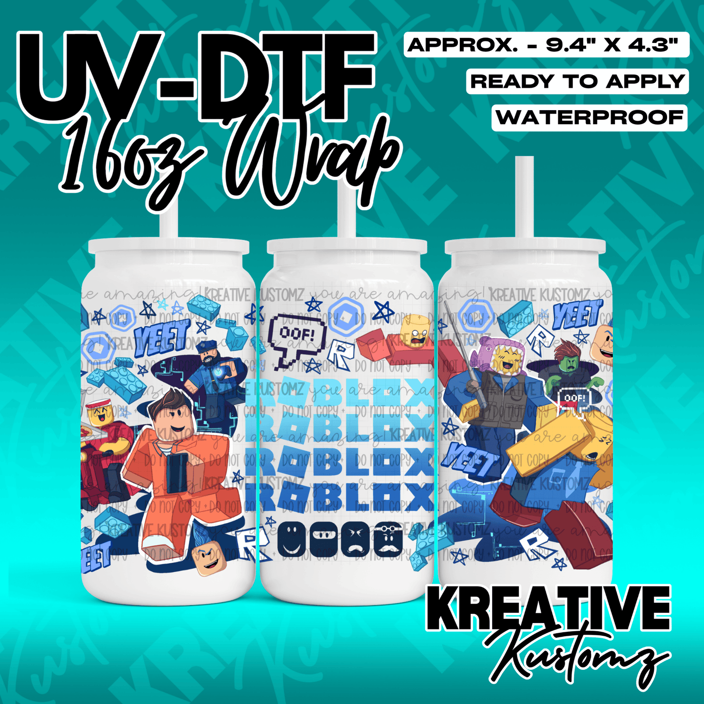 A gamer-themed UV DTF adhesive wrap for 16oz glass cans featuring Roblox-style characters.