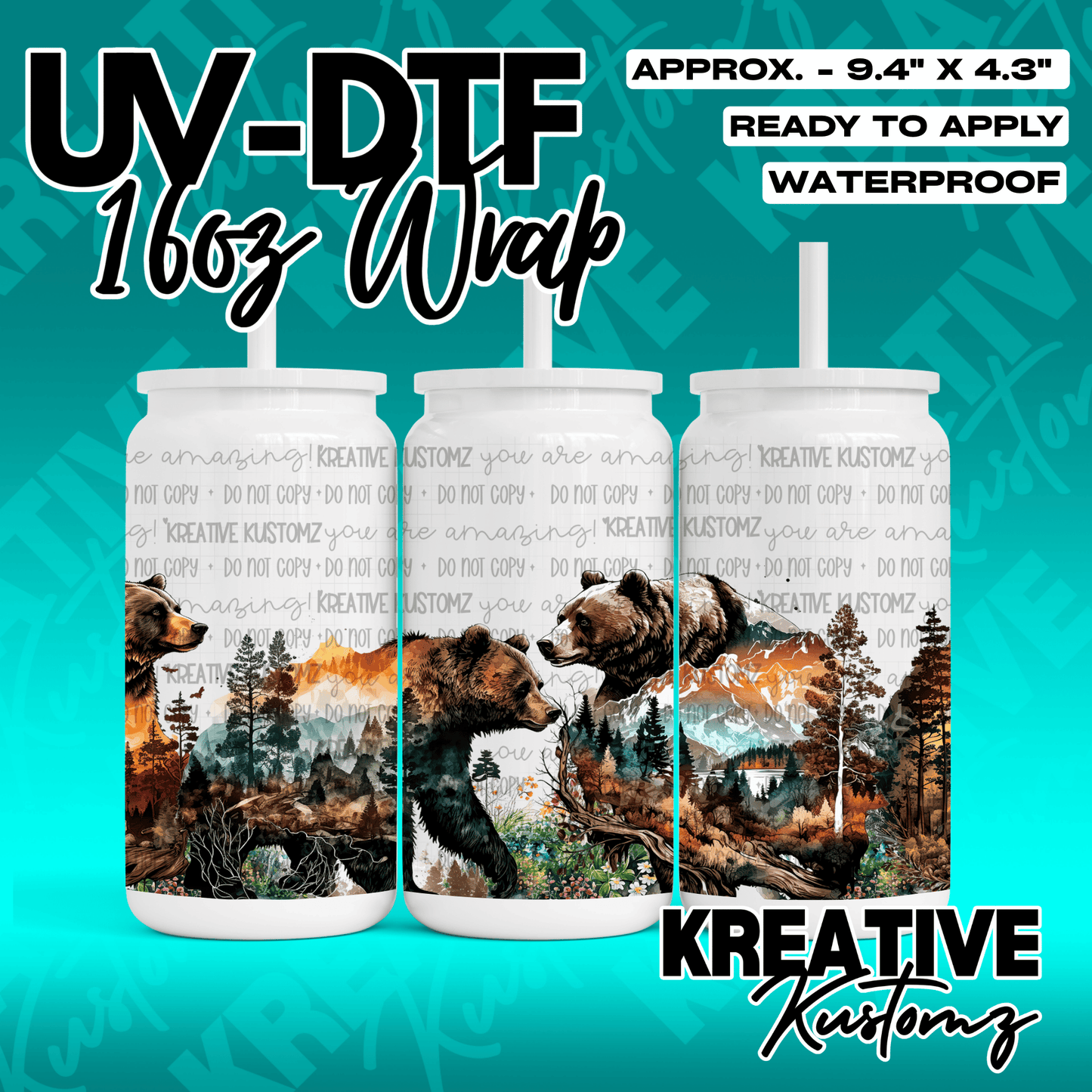 A UV DTF adhesive cup wrap featuring a forest and bear design for 16oz glass cans.