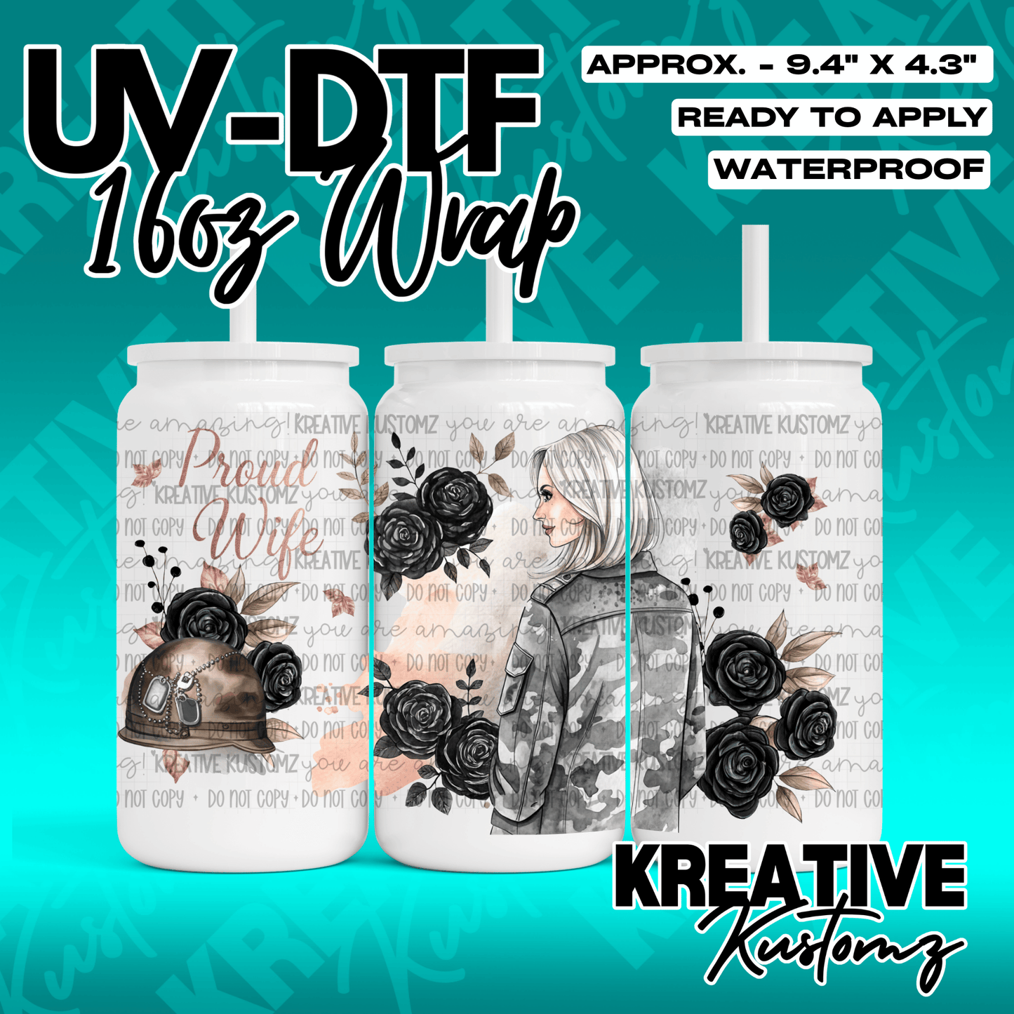 A UV DTF adhesive wrap for a 16oz glass can featuring a woman in camouflage and black roses.