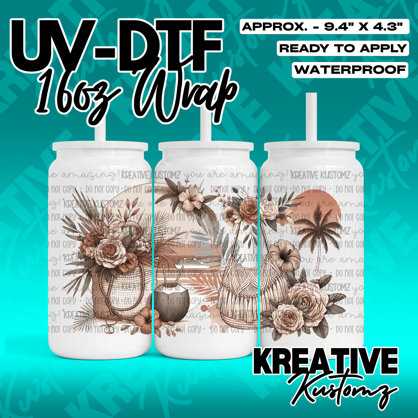 A tropical themed UV DTF adhesive wrap for a 16oz glass can featuring floral and beach designs.