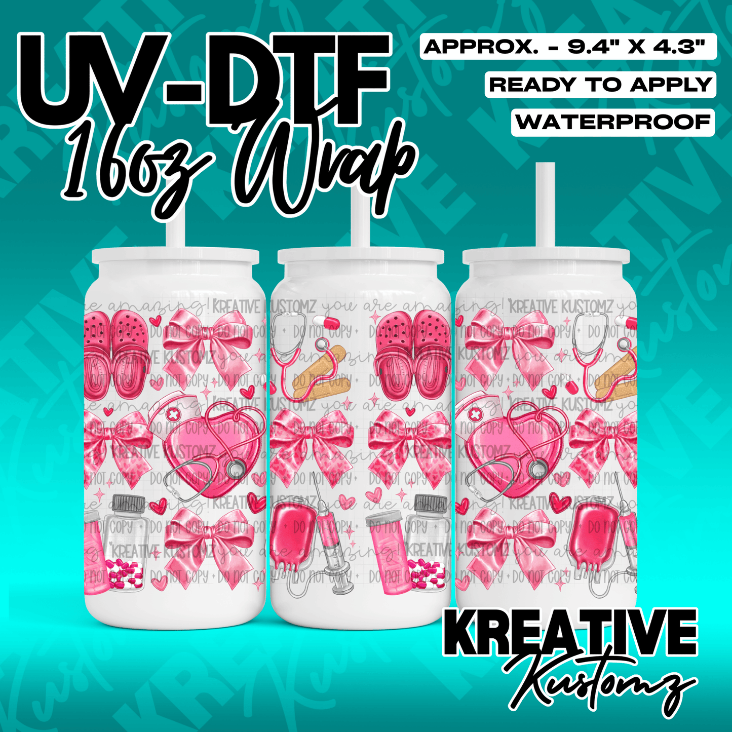 A pink medical themed UV DTF wrap for a 16oz glass can featuring bows, stethoscopes, and pills.