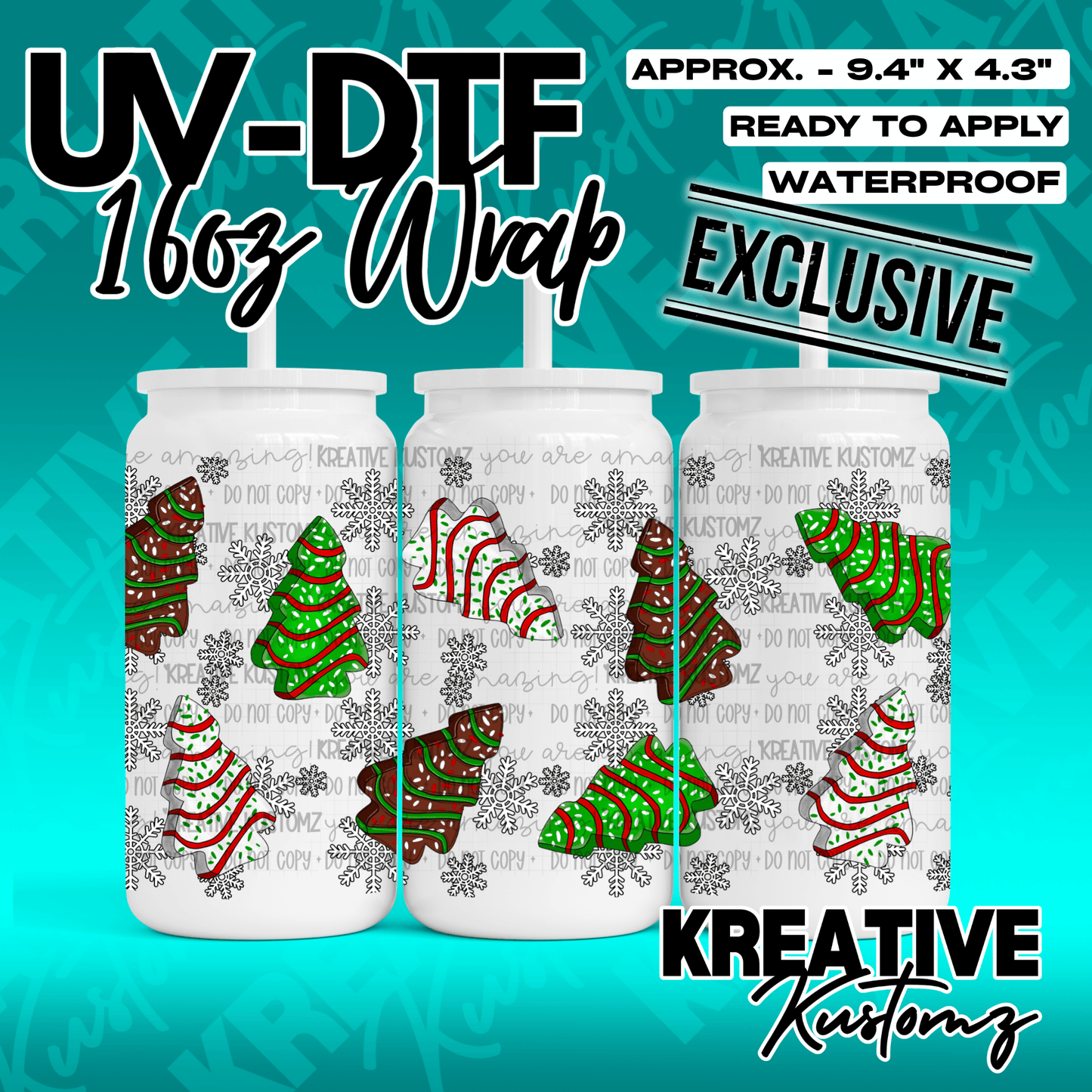 A UV DTF cup wrap featuring a pattern of Christmas tree cookies and snowflakes.