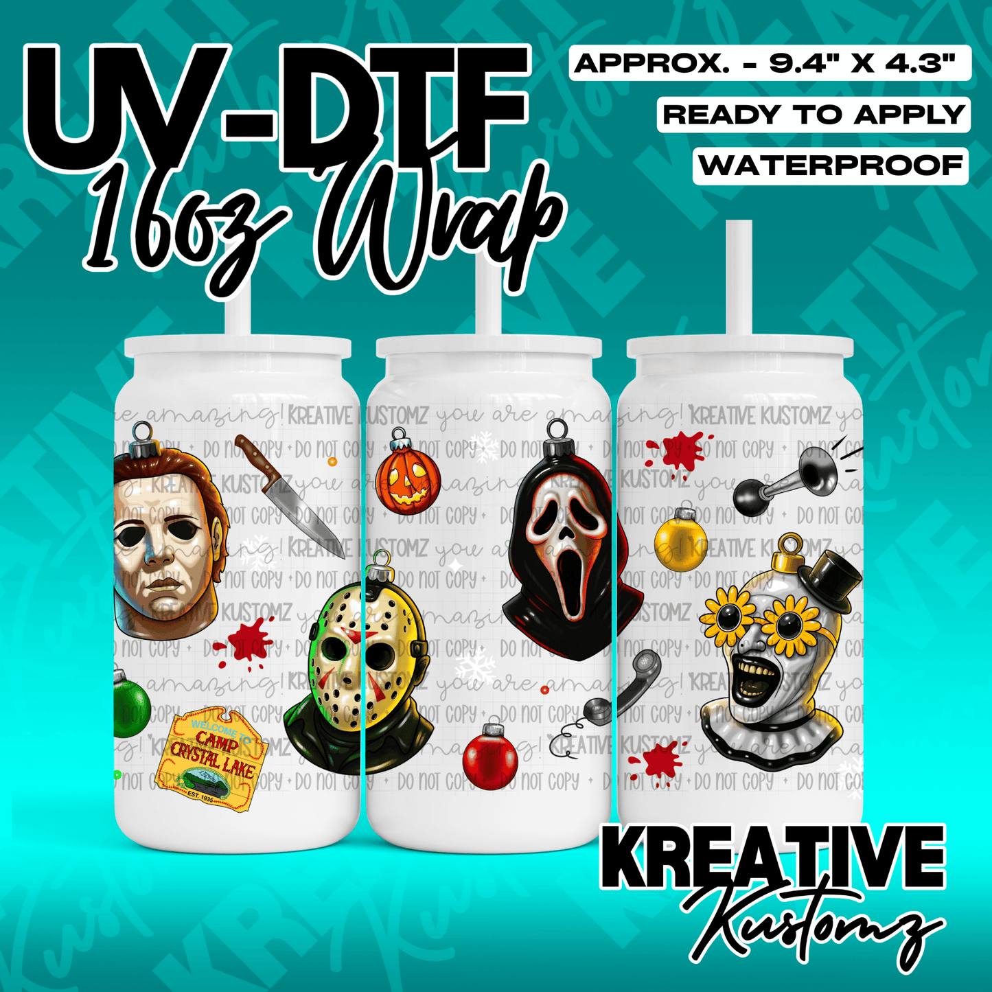 A horror-themed Christmas decal wrap for a 16oz glass can featuring iconic movie villains.