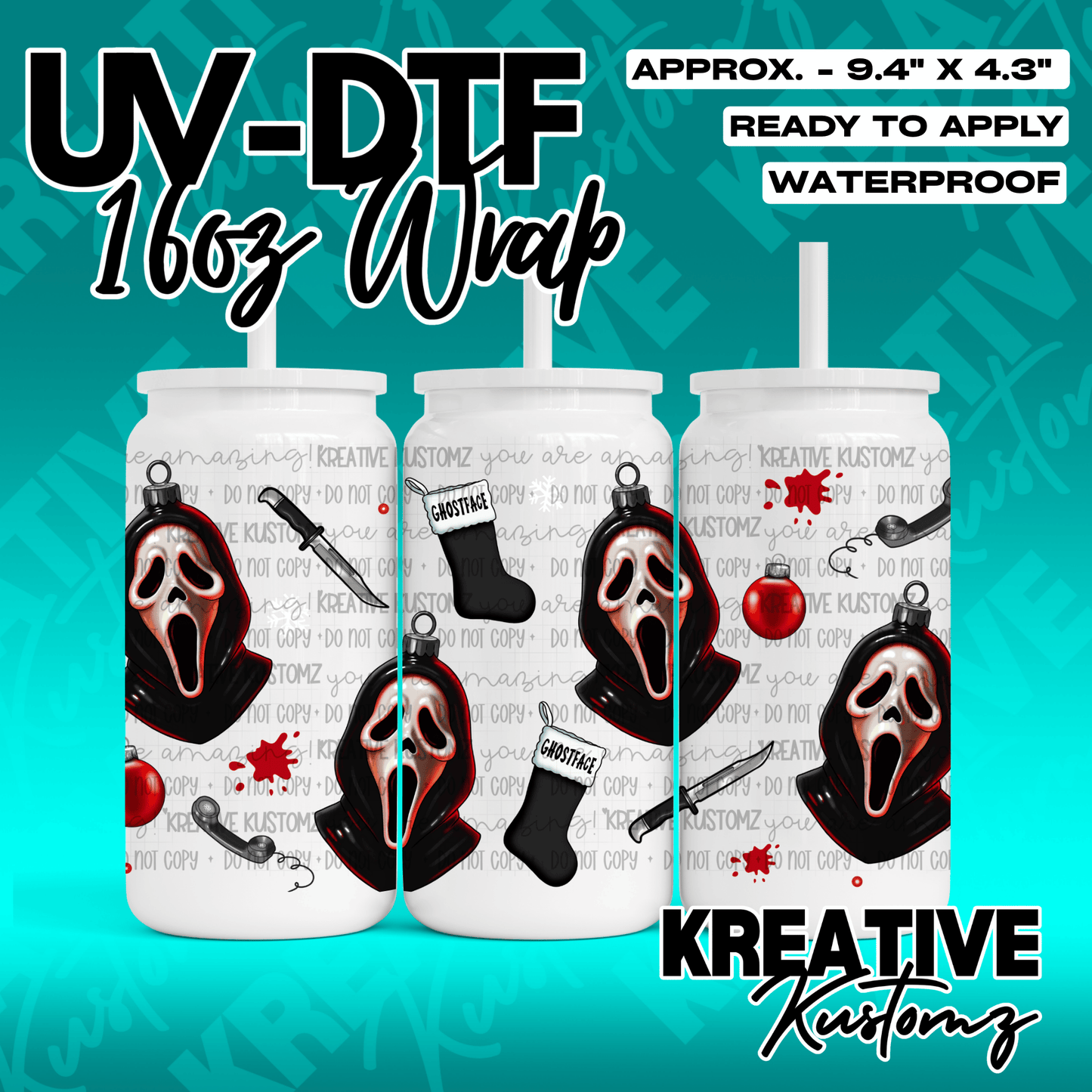 A Christmas-themed UV DTF wrap for a 16oz glass can featuring Ghostface, ornaments, and stockings.