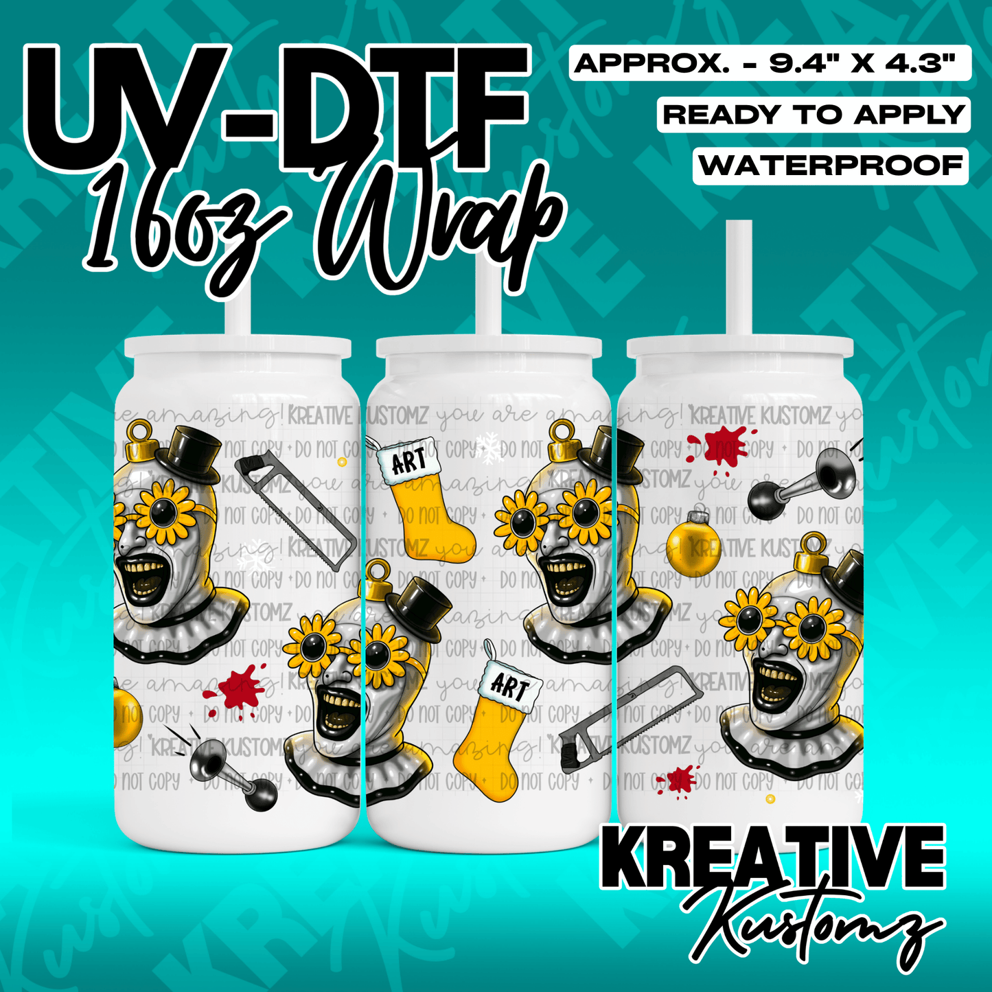 A 16oz glass can wrap featuring a Christmas-themed Art the Clown design.