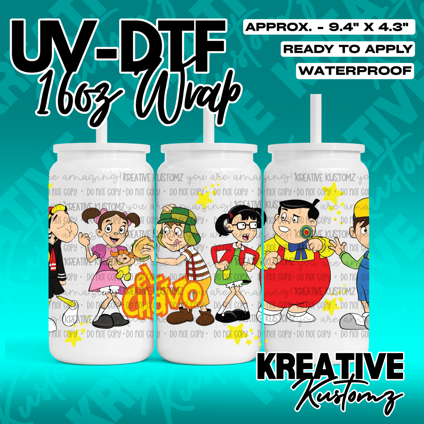 A UV DTF decal wrap for 16oz glass cans featuring characters from El Chavo del Ocho.