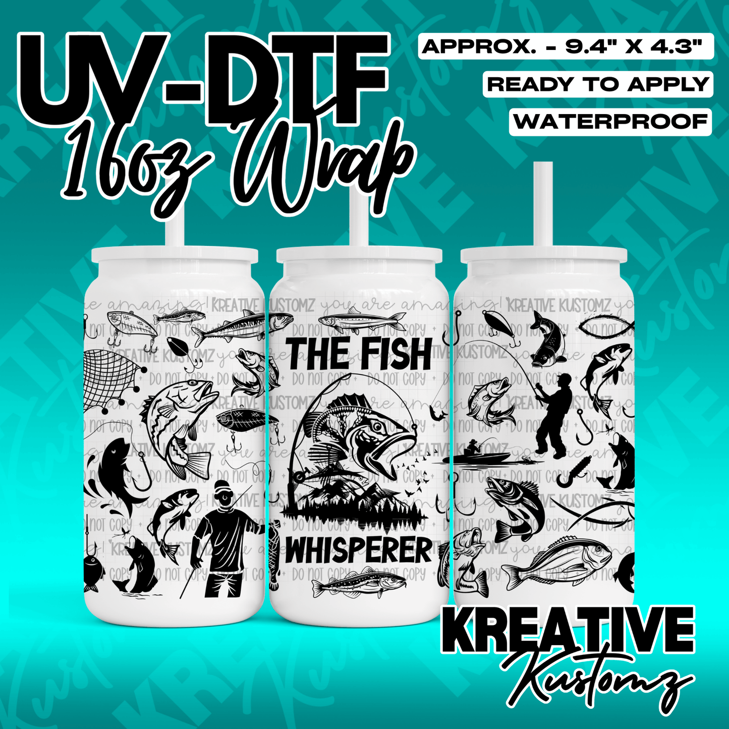 A black and white fishing themed UV DTF adhesive wrap for a 16oz glass can.
