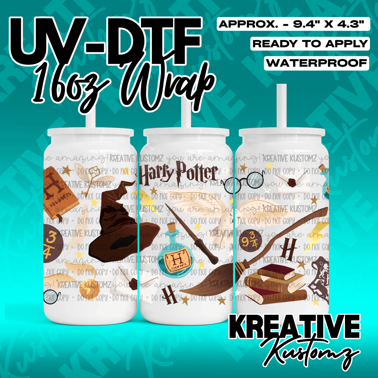 A Harry Potter themed UV DTF adhesive wrap for 16oz glass cans featuring magical icons.