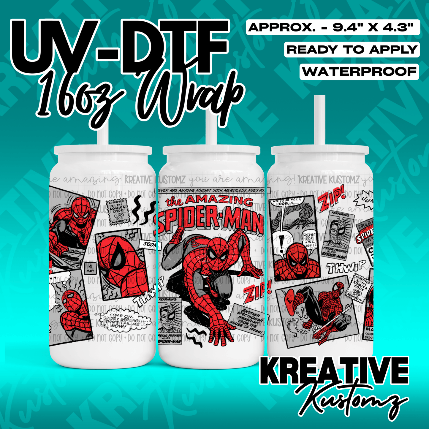 A Spider-Man comic book themed UV DTF adhesive wrap for a 16oz glass cup.
