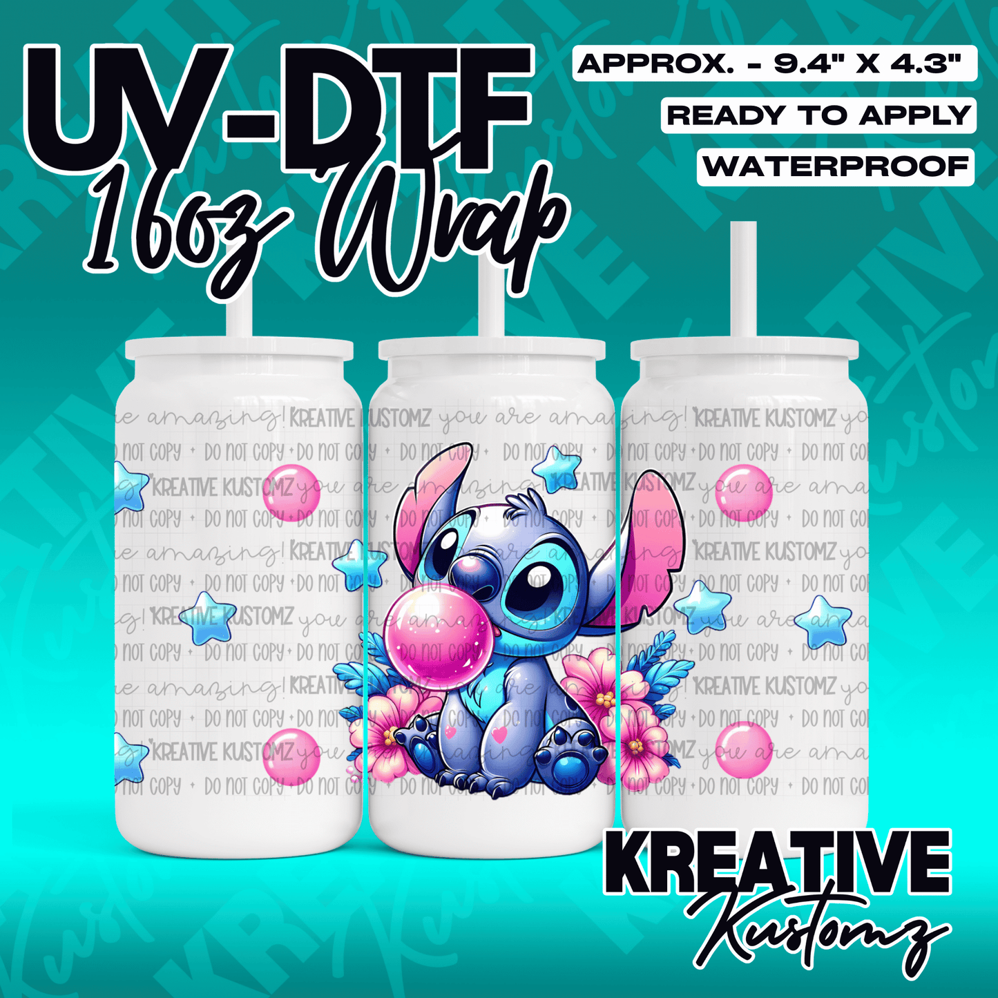A UV DTF adhesive wrap for a 16oz glass cup featuring a cartoon character blowing a bubble.