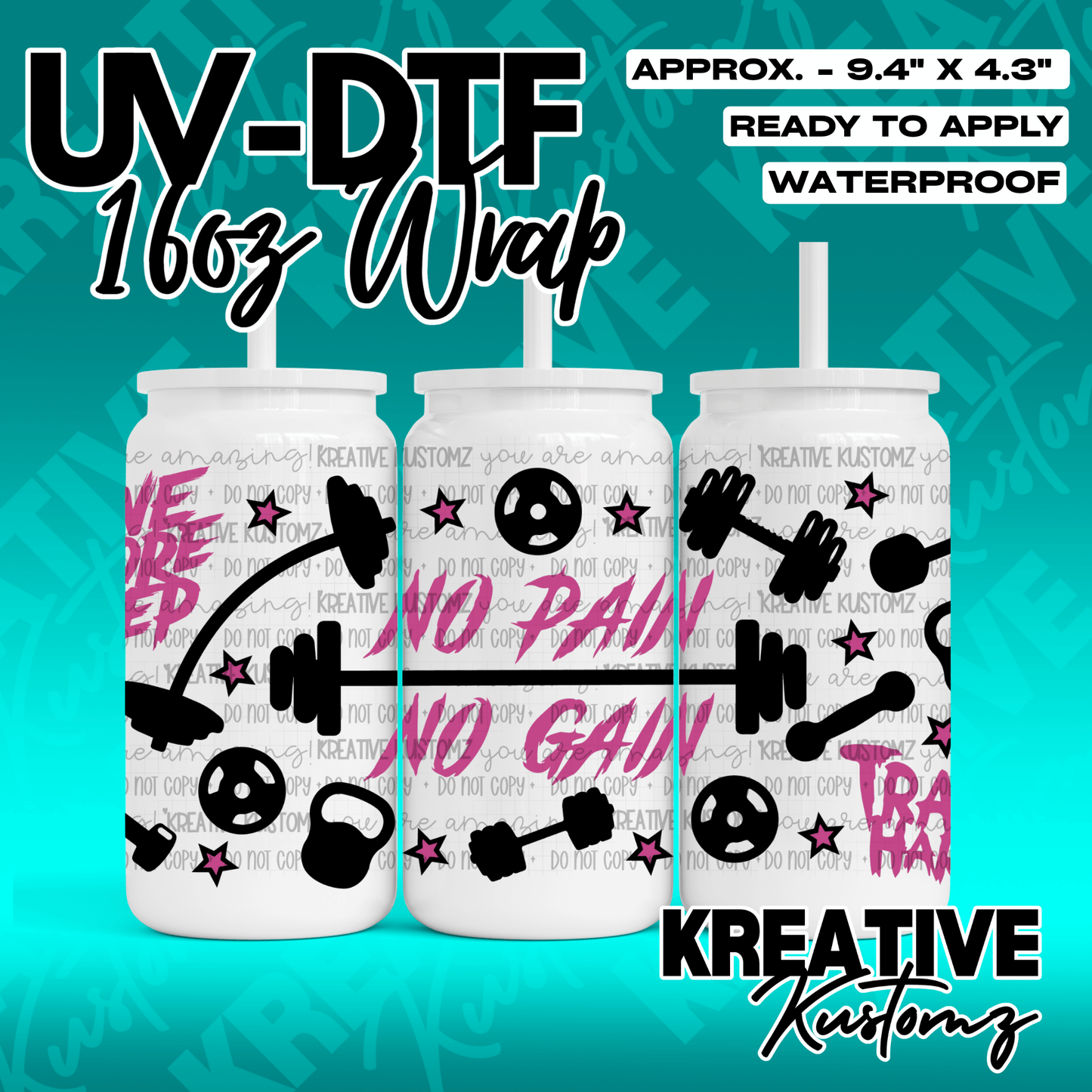 A UV DTF adhesive wrap for 16oz glass cans featuring a black and pink gym-themed design.