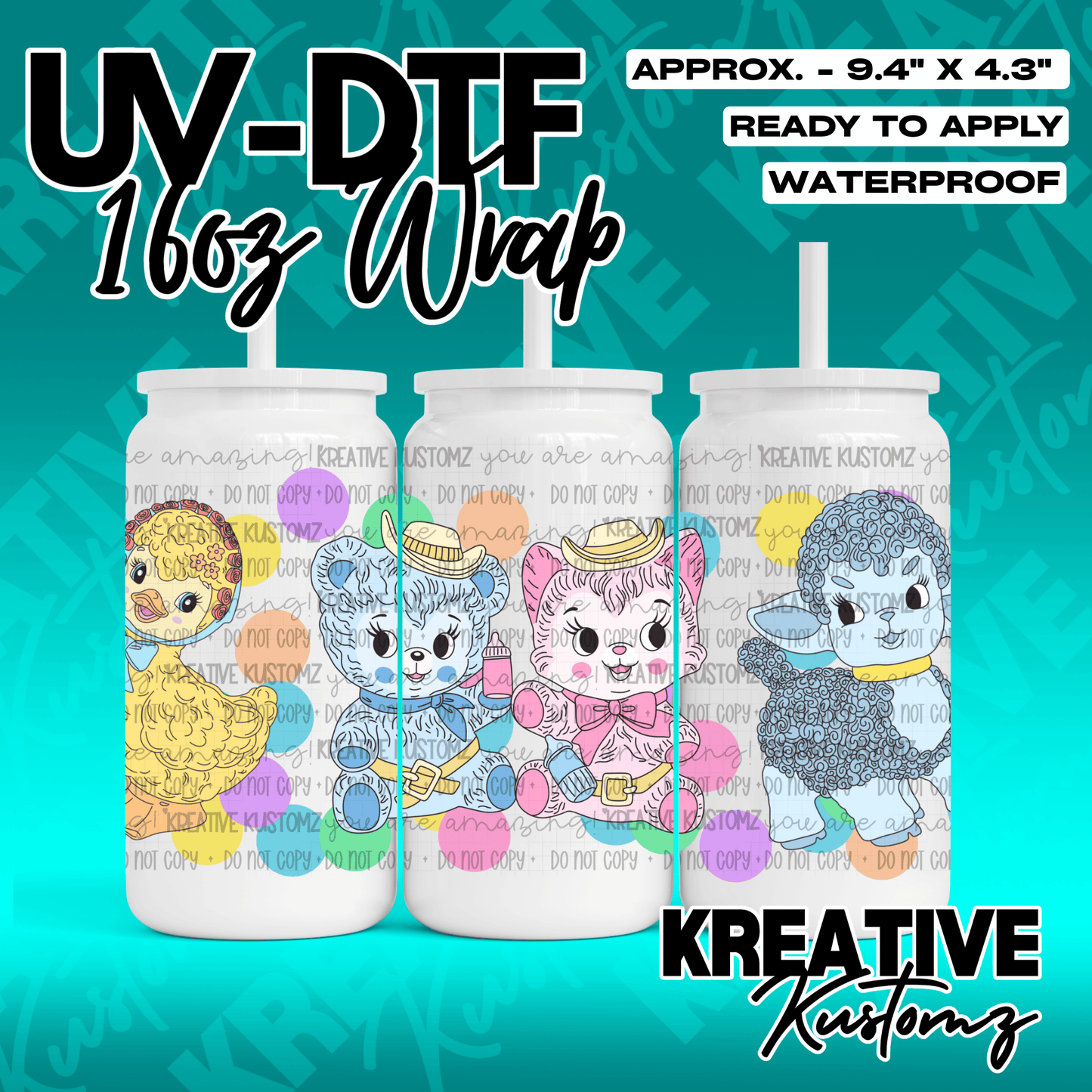 A UV DTF adhesive wrap for 16oz glass cans featuring cartoon animal characters.