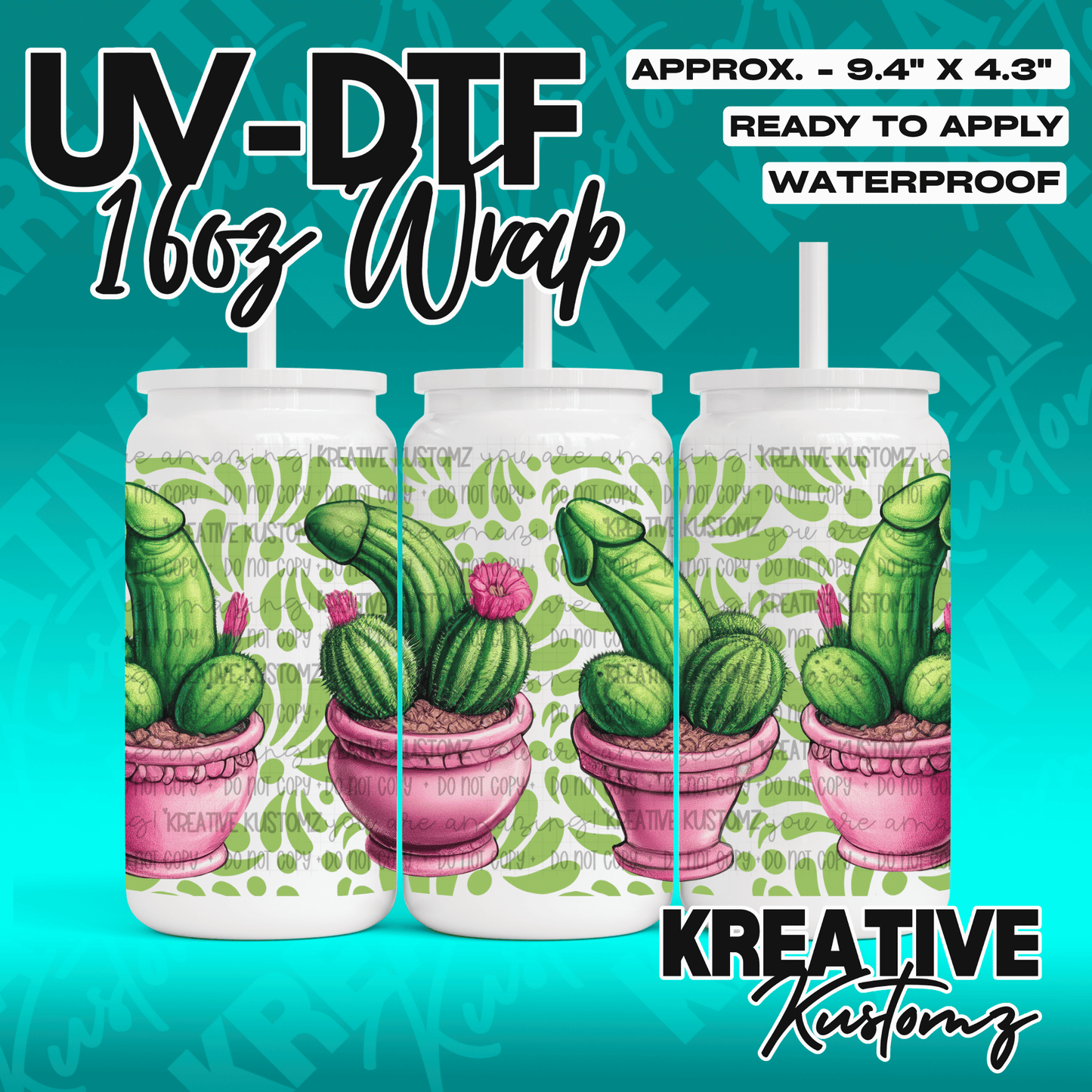 A UV DTF cup wrap featuring a cactus design in a pink pot for a 16oz glass can.