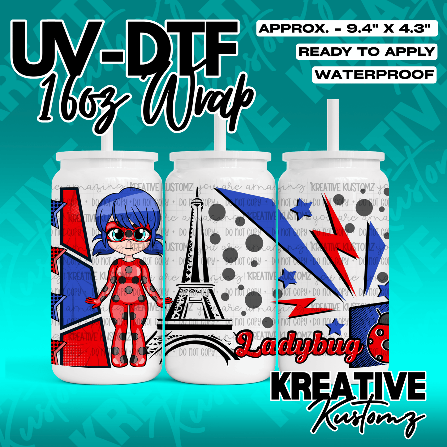 A Ladybug themed UV DTF adhesive wrap for a 16oz glass can featuring the Eiffel Tower.