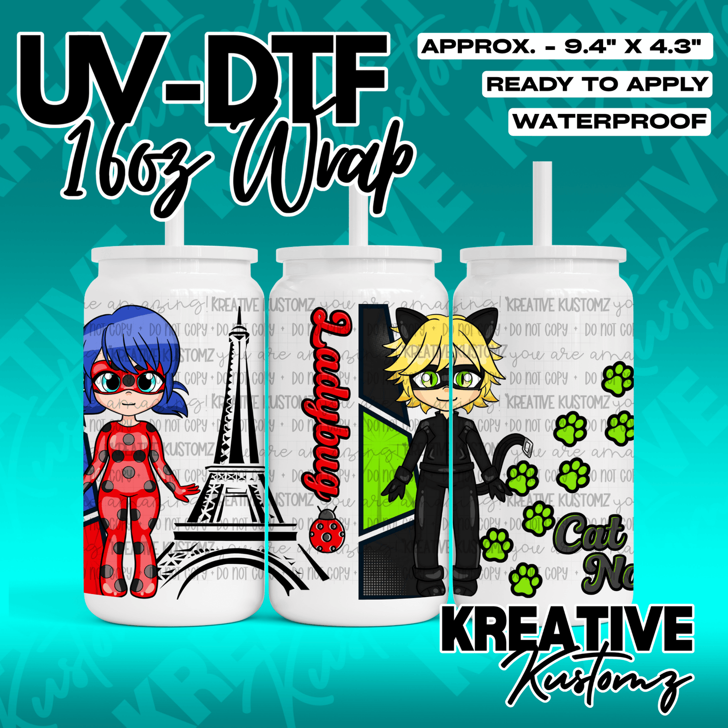 A UV DTF wrap for 16oz glass cans featuring Ladybug and Cat Noir cartoon characters.