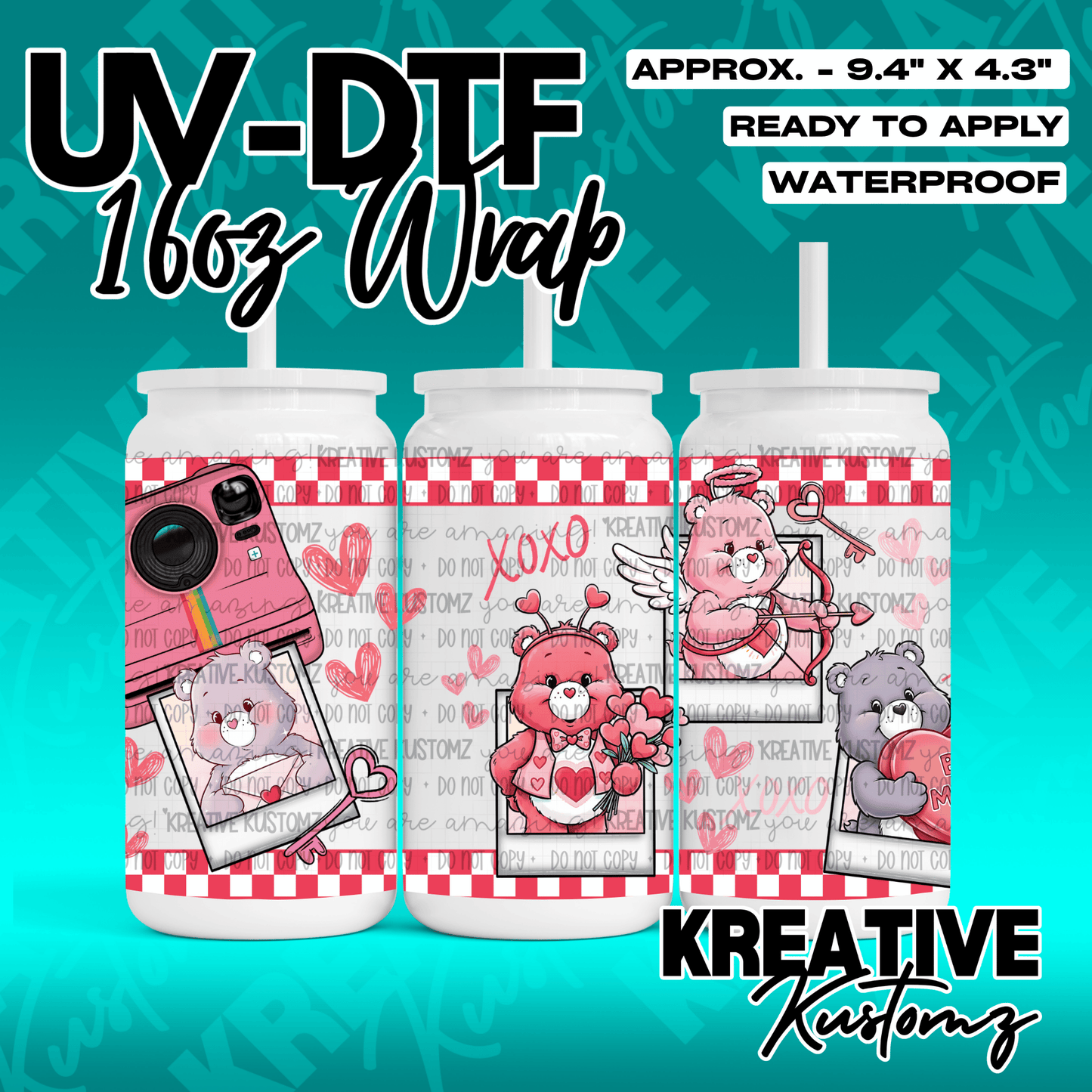 A Valentine themed UV DTF wrap for a 16oz glass can featuring Care Bears and camera designs.