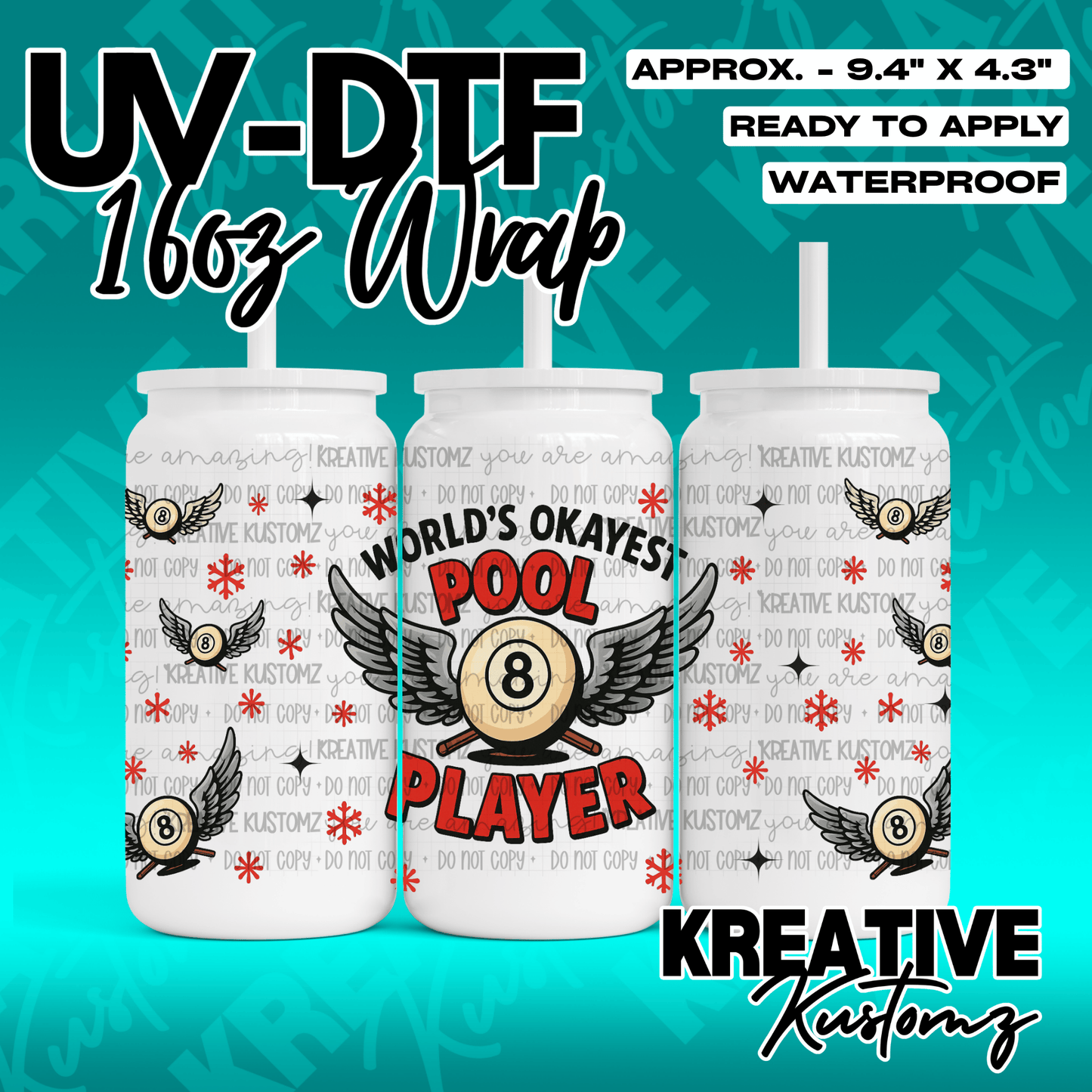 A UV DTF adhesive wrap for 16oz glass cans featuring an eight ball and pool player design.