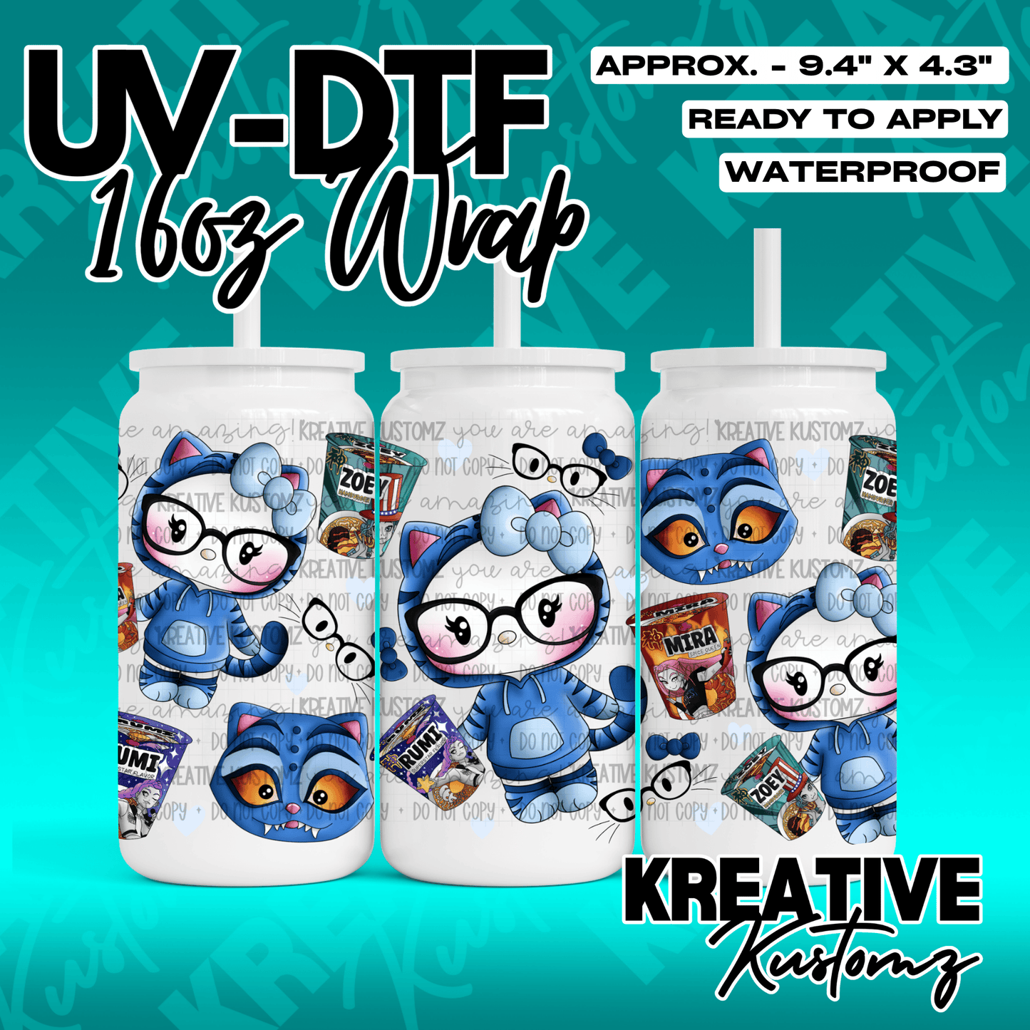 A UV DTF adhesive wrap for 16oz glass cans featuring cartoon cat characters and noodle cups.